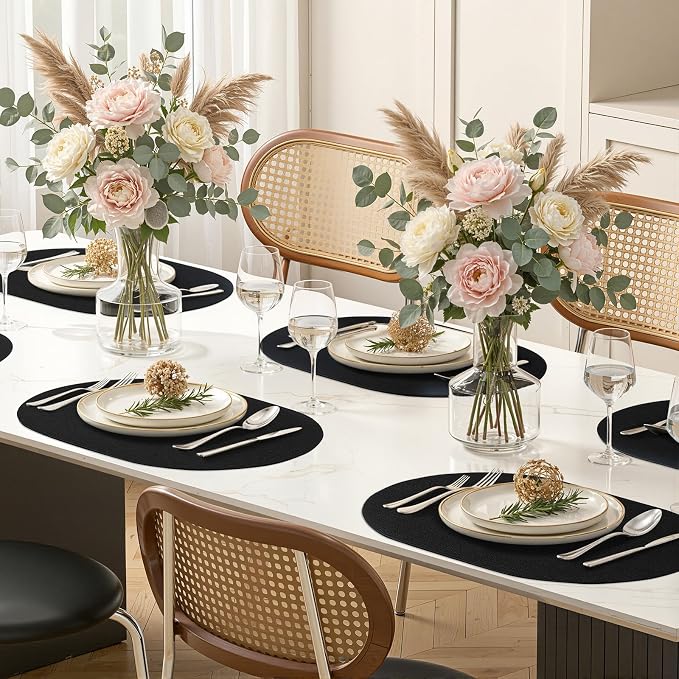 Placemats Set of 8, 11.8 x 17 Inch, Black | Heat Resistant Oval Faux Leather Place Mats, Waterproof Wipeable Reversible PU Placemat, Indoor & Outdoor