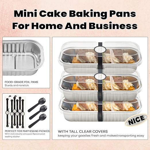 NPLUX Foil Loaf Pans with Lids, 50 Pack Silver 6.8oz for Takeout Meals | Use for mousse layers, cheesecake squares, blondies and candies; single-base workflow helps limit dish handling.