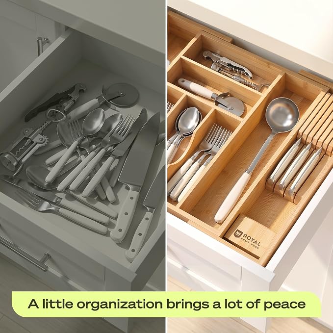 Drawer Organizer for Kitchen Organization – Expandable Bamboo Silverware Drawer Organizer with Removable Knife Block, Bamboo Cutlery, Non-Slip Utensil Organizer with 7-Slot Knife Storage for Flatware