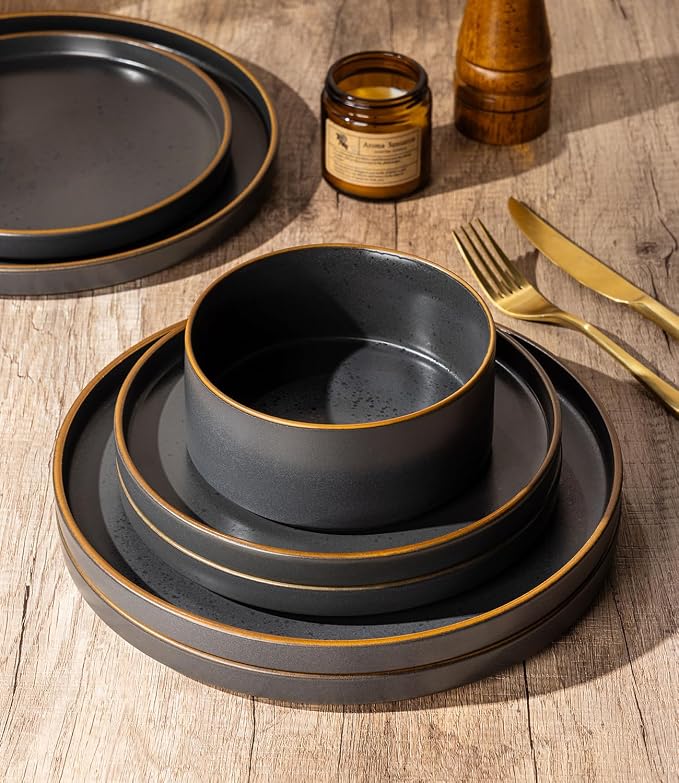 LERATIO Stoneware Dinnerware Sets for 4,12-Piece Matte Plates and Bowls Set | Handmade High Edge Rim Dish Set,Oven & Microwave,Dishwasher Safe,Scratch Resistant-Ashen Gold Rim