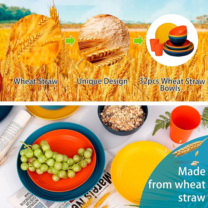 32-Piece Unbreakable Wheat Straw Dinnerware Set,Service for 8 | Premium multi-color wheat straw plates,bowls and cups set for family gatherings,rv camping,and everyday indoor-outdoor dining