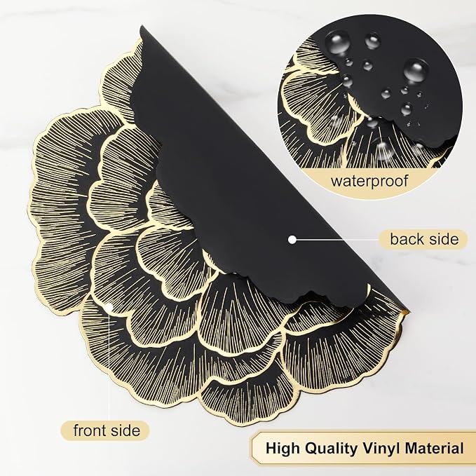 Evevda Placemats Set of 6 Gold Flower Placemats for Dining Table | Round Pressed Vinyl Metallic Table Mats 15 Inch for Home Kitchen Wedding Holiday Party Decoration