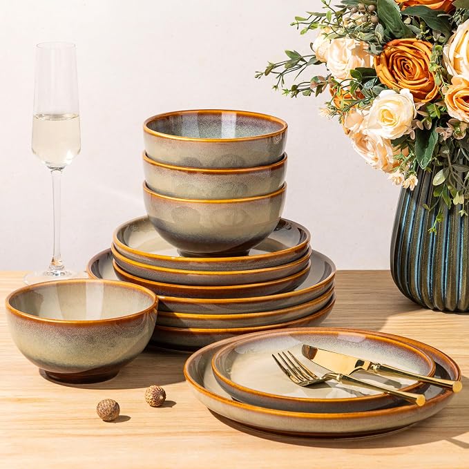 Ceramic Dinnerware Set for 4, 12-Piece Plates and Bowls Set | Handmade Reactive Glaze Dish Set, Scratch Resistant, Oven & Microwave & Dishwasher Safe, Creamy Amber