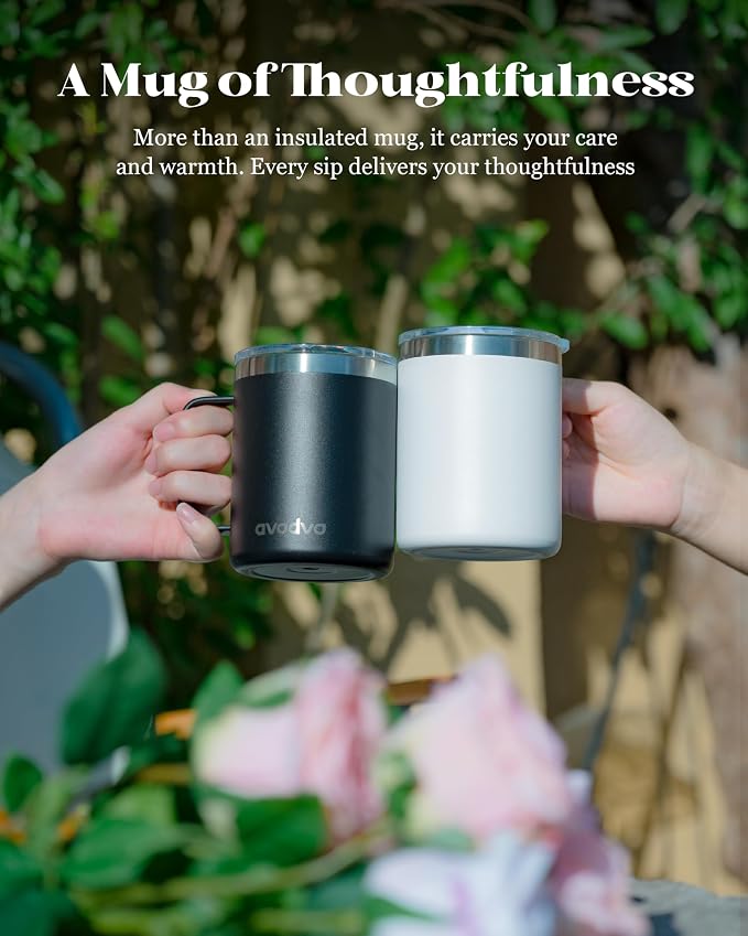 2 Pack 12oz Insulated Coffee Mug with Lids – Double Wall Stainless Steel Travel Cups with Handle, Keep Hot & Cold Drinks, Ideal Gift for Coffee Lovers, Home, Office & Camping, Black