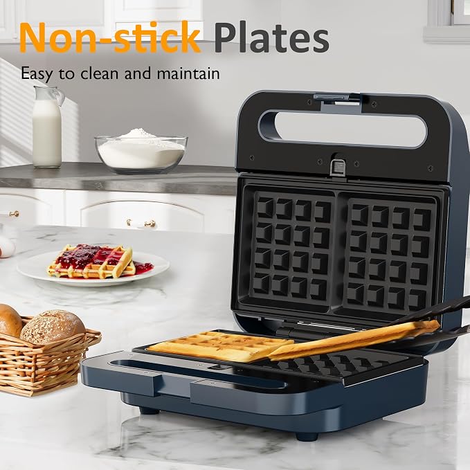 3 in 1 Electric Sandwich Maker with Removable Nonstick Plates - 1000W,Blue | for Belgian Waffle/Panini/Grill/Pancake Griddle/Breakfast,Dishwasher Safe,Cool Touch Handle,Easy to Clean & Store