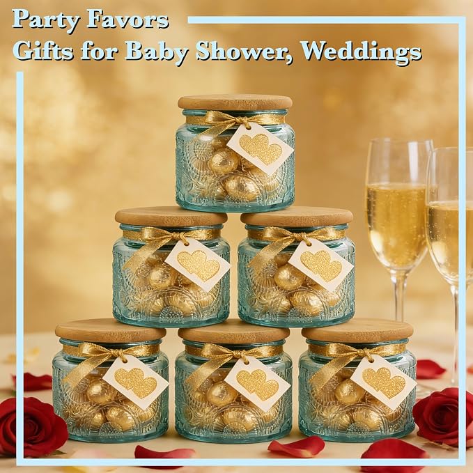 4 oz Decorative Small Glass Jars with Airtight Bamboo Lids, Blue 6 Pack | Vintage embossed color coated containers, kitchen pantry bathroom organization & decor, spices, DIY gifts, candle making