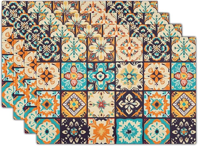 Boho Floral Placemats Set of 4, Retro Flower Geometric Place Mat Bohemian Floral Cloth Tablemats Non-Slip Washable Tabletop Mat 12x18 Inch for Indoor Outdoor Dining Party Table Decor