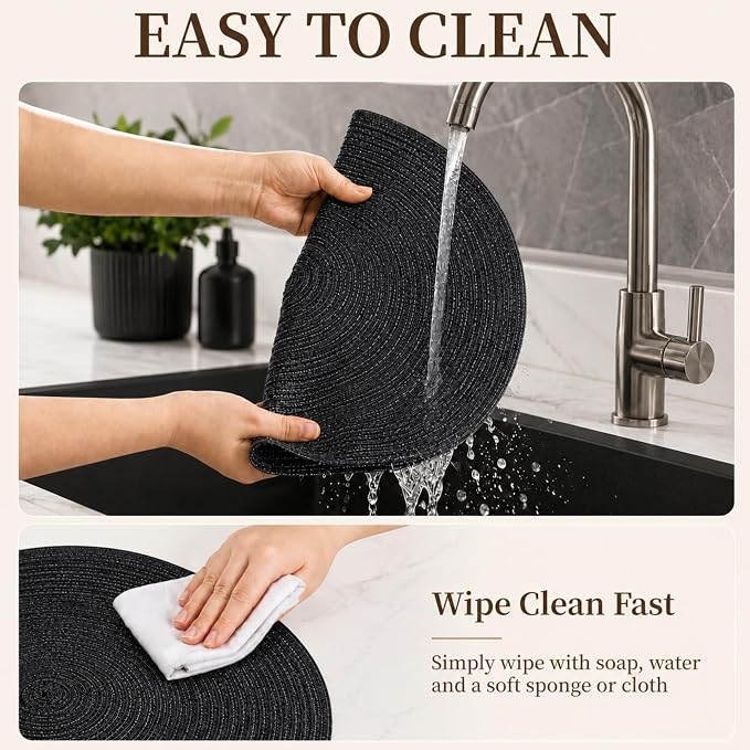 TaroKitc 15 in Round Placemats Set of 6, Washable Woven Braided Dining Table Mats, Heat Resistant Non-Slip Circle Place Mats for Kitchen Home Party Table Decor, Indoor & Outdoor - Black