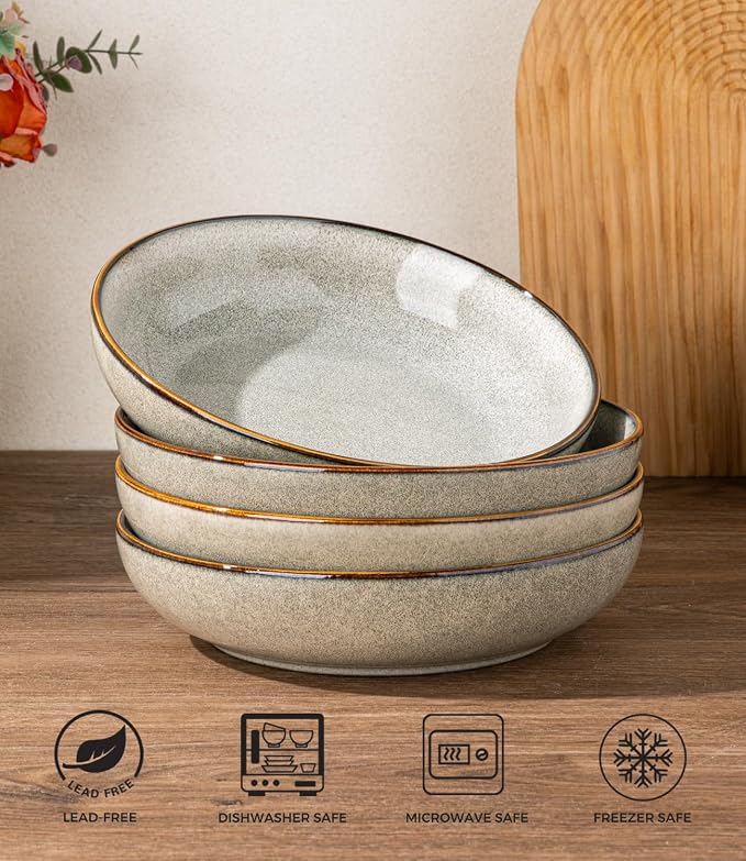 AmorArc 8.5’’ Ceramic Pasta Bowls Set of 4, 36oz Large Stoneware Bowls Set | Large Dinner Serving Bowls Set, Wide Bowl Plate for Pasta,Salad, Soup, Microwave Safe, Reactive Glaze-Green Wheat