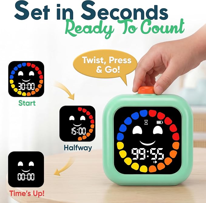 Digital Visual Timer for Kids - Calmer Routines & Transitions | Silent, Rechargeable, 99-Min Clock, Alarm, Countdown & Count-up; For Classroom, Home & Therapy - Builds Focus & Independence