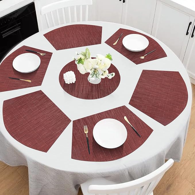 SHACOS Small Round Table Placemats Set of 5 Woven Vinyl Wedge Placemats with Centerpiece Round Table Mats Heat Resistant Wipe Clean (5, Burgundy Red)