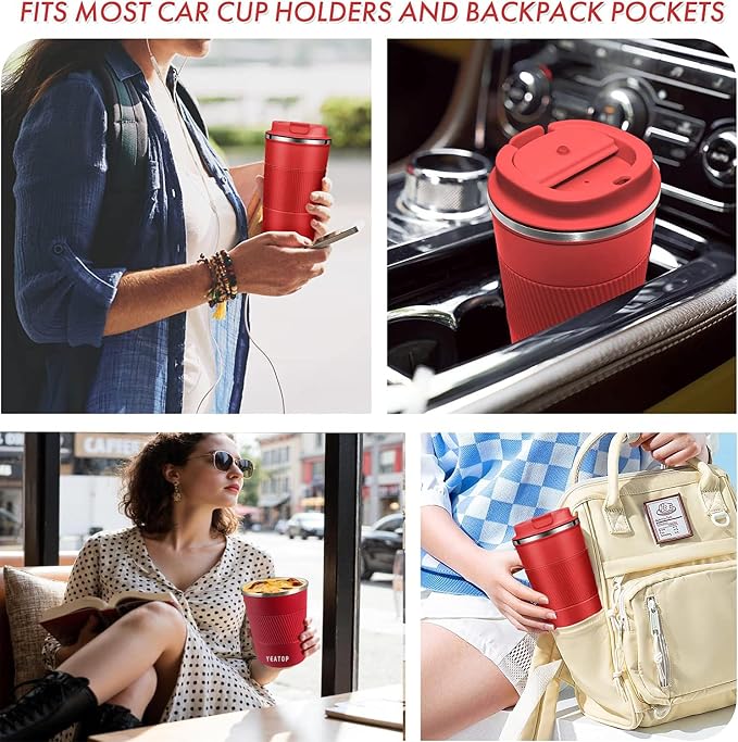 16 oz Insulated Travel Coffee Mug Spill Proof Leak proof, Reusable Thermal Coffee Cup, Stainless Steel Vacuum Coffee Tumbler for Hot/Cold Drinks, (Red, 510ml)