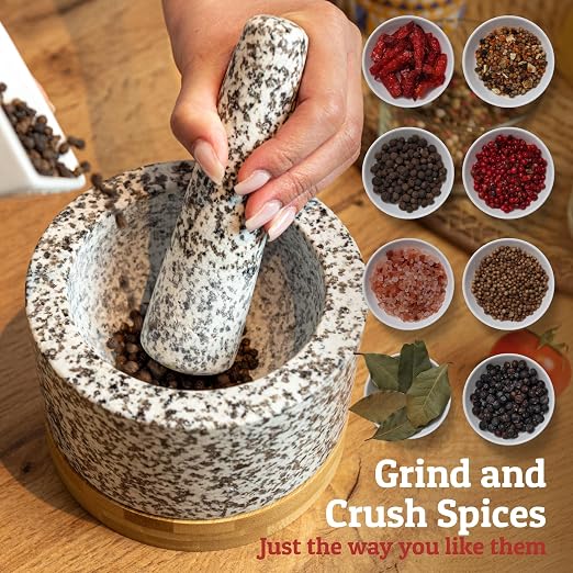 PriorityChef Heavy Duty Mortar and Pestle Set with Bamboo Base, 100% Natural Granite Stone Grinder, Guacamole Bowl and Masher, 1.5 Cups, White