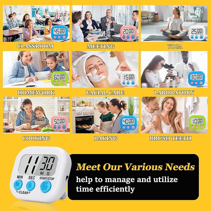 12 Pack Digital Kitchen Timers for Cooking, Loud Alarm Large LCD Display Magnetic Classroom Timers for Teachers Kids, Extensively Use in Classroom, Cooking, Meeting, Gym