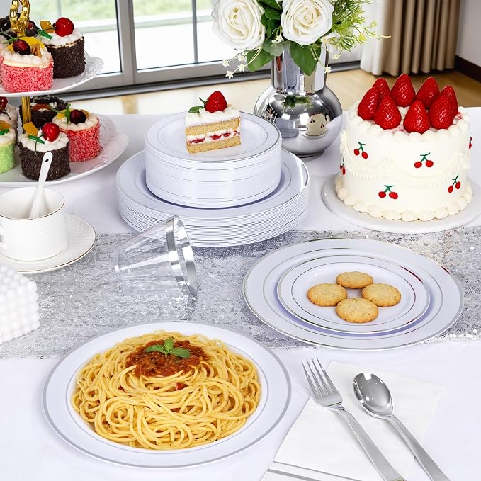 GATHER 350PCS Silver Plastic Plates for Wedding and Party | White and Silver Disposable Plates include 100 Plates, 50 Napkins, 150 Silvery Cutlery and 50 Cups for Anniversary