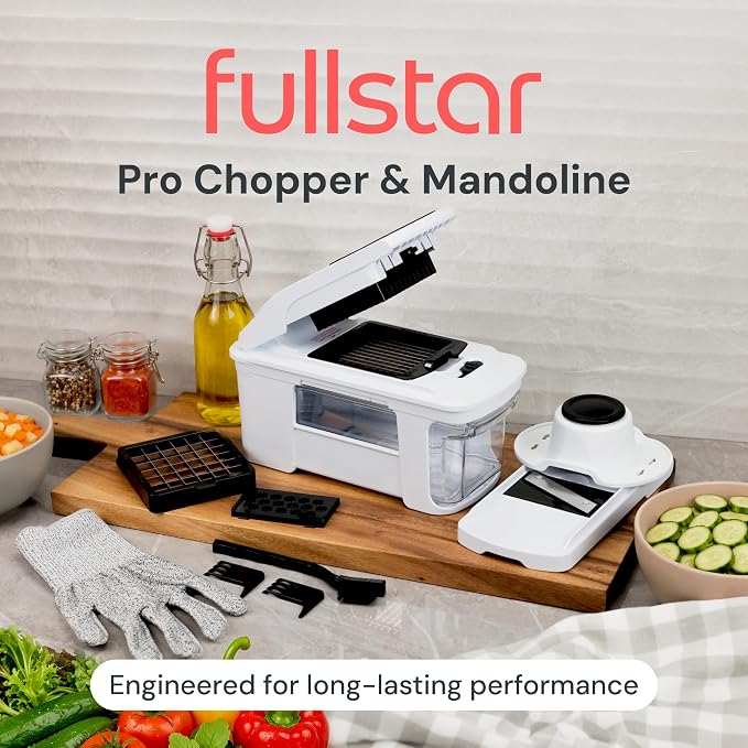 Fullstar Pro XL Vegetable Chopper & Mandoline Slicer w Pull-Out Catch Tray | 4 in 1 Veggie, Onion & Fruit Slicer, Dicer & Grater with Sharp Stainless Steel Blades - XL Food Prep Set (White)