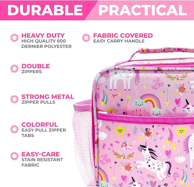 kinsho kids Bento Lunch Box Set with Thermo, Bag & Ice Pack, Pink Unicorn | 4 Compartments, Removable Tray, Small Meal or Snack Container for Girls Toddlers, Daycare & Pre-School, Steel Hot Food Jar
