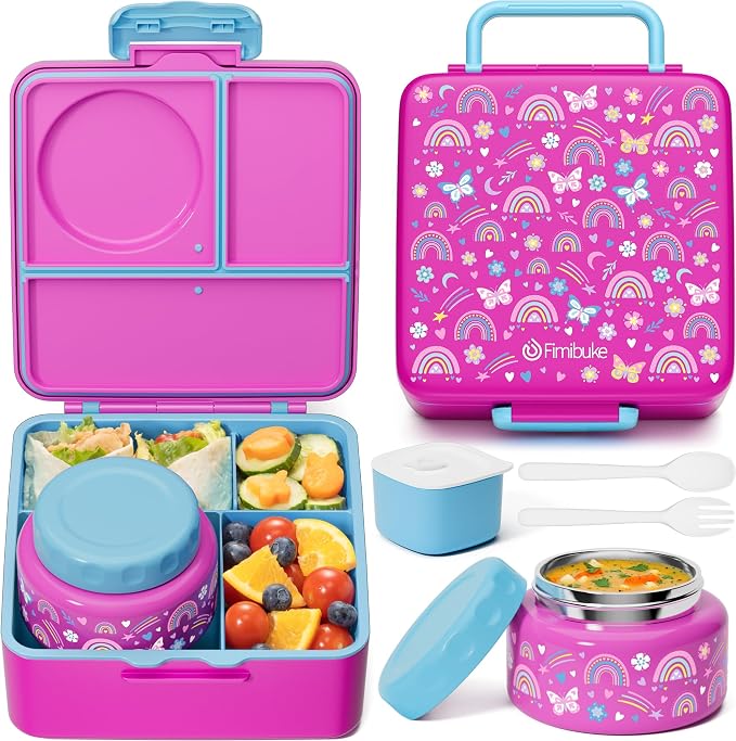 Fimibuke Bento Box for Kids Adult, BPA Free & Leakproof Toddler Lunch Box with 8.5oz Insulated Food Jar, Utensils & Sauce Jar, Dishwasher Safe 3 or 4 Compartment Container for School Girl Boy | w/ 8.5oz Insulated Food Jar Utensils & Sauce Jar, Leakproo...
