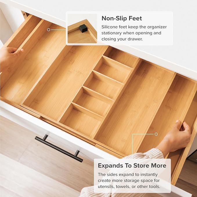 Utensil & Junk Drawer Organizer, 19-33 in, Bamboo | Food-safe contract grade, 100% sustainable wood, non-slip, adjustable