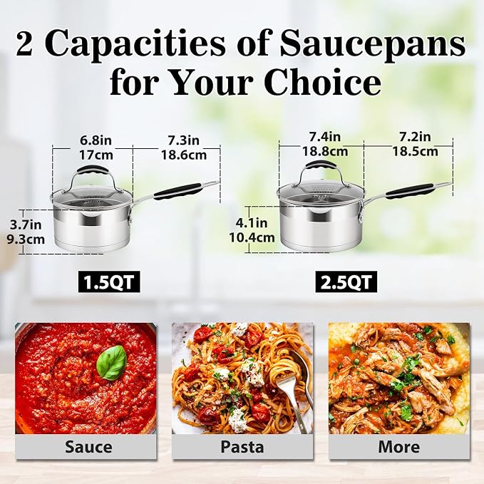 Rorence 2.5 QT Stainless Steel Saucepan, Sauce Pan with Silicone Coated Handles and Pout Spouts, Induction Small Cooking Pot with Clear Transparent Tempered Glass Lid for All Stoves, Dishwasher Safe