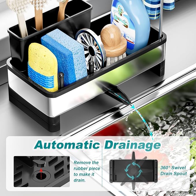 Ewaiira Stainless Steel Sink Caddy, Sponge Holder for Kitchen Sink 9.8″ | with Brush Holder and Towel Rack, Sink Organizer for Countertop, Soap Kitchen Organizers Storage Essentials, Black