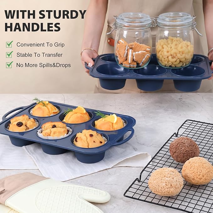 2 Pcs Jumbo Silicone Muffin Pan with Frame Nonstick Cupcake Tin Baking Mold | Silicone Cupcake Pan with Handles 6 Cup, BPA Free Silicon Muffin Tin Tray Extra Large for Baking Egg Bites Mold Vnray Grey