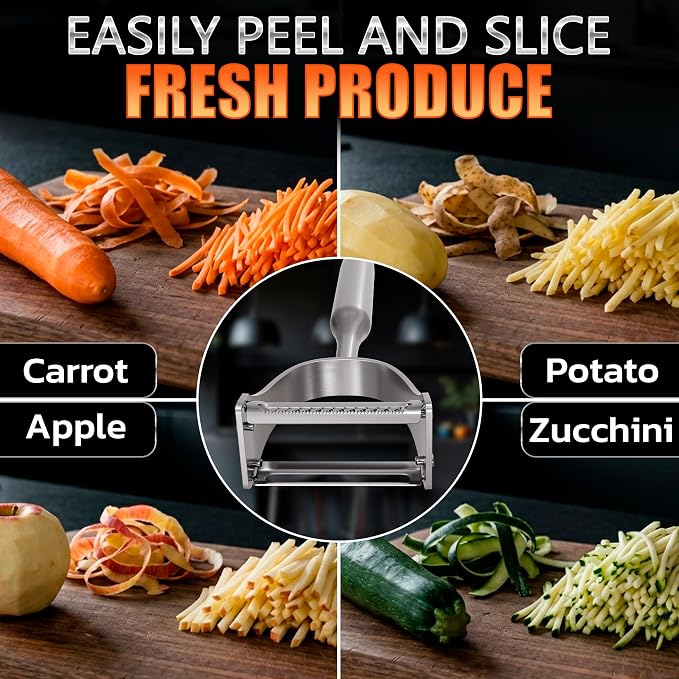 Stainless Steel Vegetable Peeler, 2-in-1 Peeler and Julienne Shredder Tool with Dual-Sided 420J2 Sharp Blade That Replaces Two Tools for Carrots, Cabbage, Potatoes, Cucumber, 5.6-Inch Ergonomic Handle