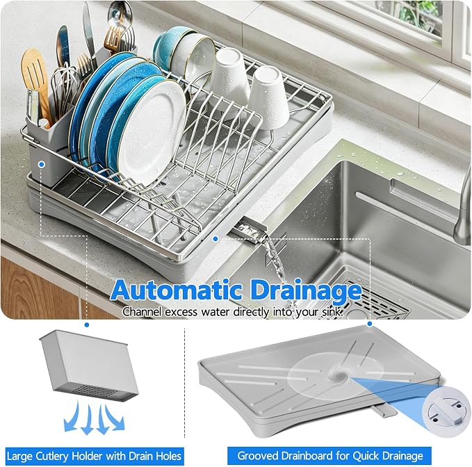 ANTOPY 304 Stainless Steel Dish Drying Rack for Kitchen Counter, Gray | Rustproof Dish Drainer with Removable Cutlery Holder, Self-Draining Drainboard, Compact Kitchen Drying Rack, 16.5''Lx11.8''W