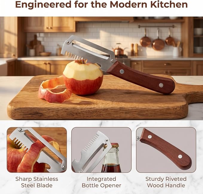 Multifunctional Vegetable Peeler - Vegetable Peeler with Bottle Opener, Stainless Steel Peeler with Wooden Handle, Fruit Peeler for Kitchen, Camping, Travel