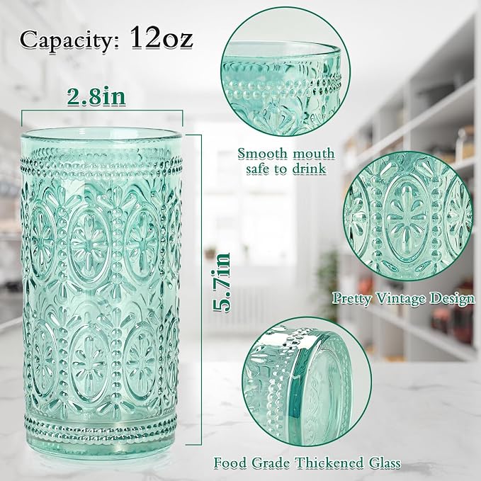 Darlion Green Glassware, Vintage Drinking Glasses, 12oz Highball Glasses | Lead-Free Glass, Food Grade Glass, Durable&Sturdy, Vintage Decoration