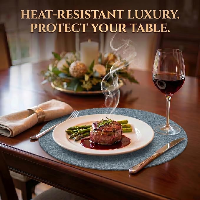 Faux Leather Placemats Set of 4, Wipeable Waterproof Stain Resistant Table Mats, Heat Resistant Thick Placemats with Hand-Painted Edges for Kitchen Dining, Imitative Linen Texture, Various Shapes