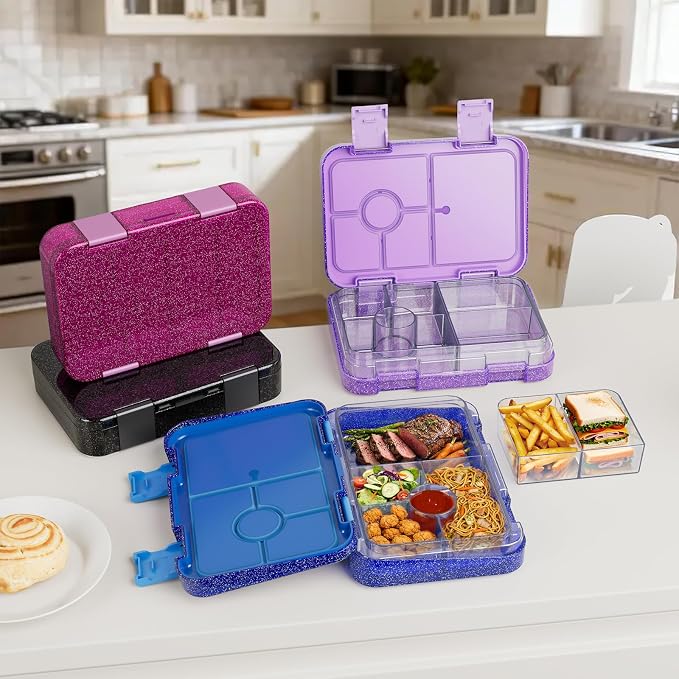 Bento Lunch Box for Kids, 5/6 Compartments, Shiny Blue and Clear | Dishwasher Safe Back to School Snack Bento Lunch Containers Boxes, Ideal Portion Sizes for On-the-Go Meal, Ages 3+, School