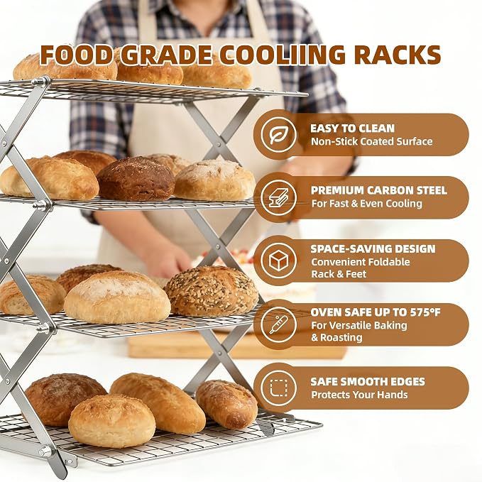 5 Tier Collapsible Cooling Rack Sourdough Cooling Rack 17"x10" | Cooling Racks for Cooking and Baking, Roasting, Grilling, Adjustable 6 Setting Design stackable, Oven & Dishwasher Safe