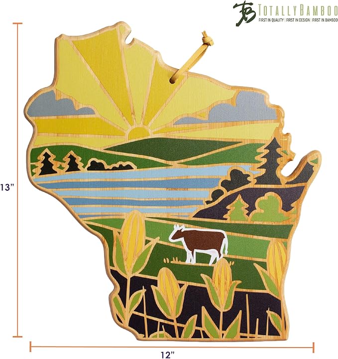 Totally Bamboo Wisconsin State Shaped Cutting Board, Summer Stokes Art | State charcuterie board with colorful hand-drawn landscape art. Smooth reverse side for food prep. Hang tie for wall display.