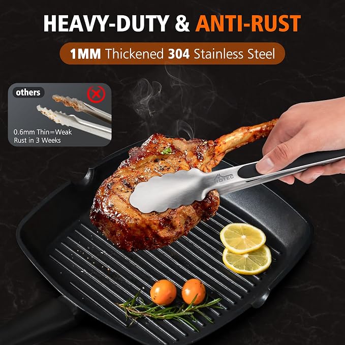 Hotec Stainless Steel Kitchen Tongs, Locking Metal Food Tongs for Cooking, Serving, BBQ, Grill & Air Fryer with Non-Slip Grip, Set of 2-9" and 12"