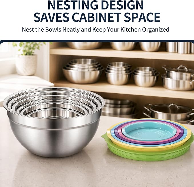 Stainless Steel Mixing Bowls with Lids Set, 3 Grater Inserts | 6 nesting stainless steel bowls, 0.7-4 QT, 6 lids, 3 grater inserts, measuring set, spatula and brush for prep and baking