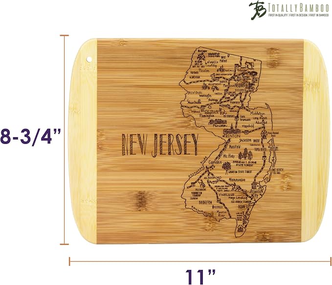 Totally Bamboo A Slice of Life New Jersey Engraved Map Cutting Board | 11” x 8.75” charcuterie board with engraved state map artwork. Smooth reverse side for food prep. Hang tie for wall display.
