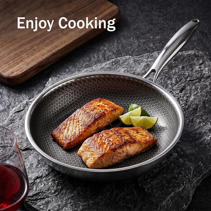 12 Inch Nonstick Stainless Steel Frying Pan with Lid Honeycomb | PFAS PFOA PTFE Free, Scratch-Proof & Metal Utensil Safe, All Cooktops Compatible, Oven & Dishwasher Safe Fajita Cooking Pan