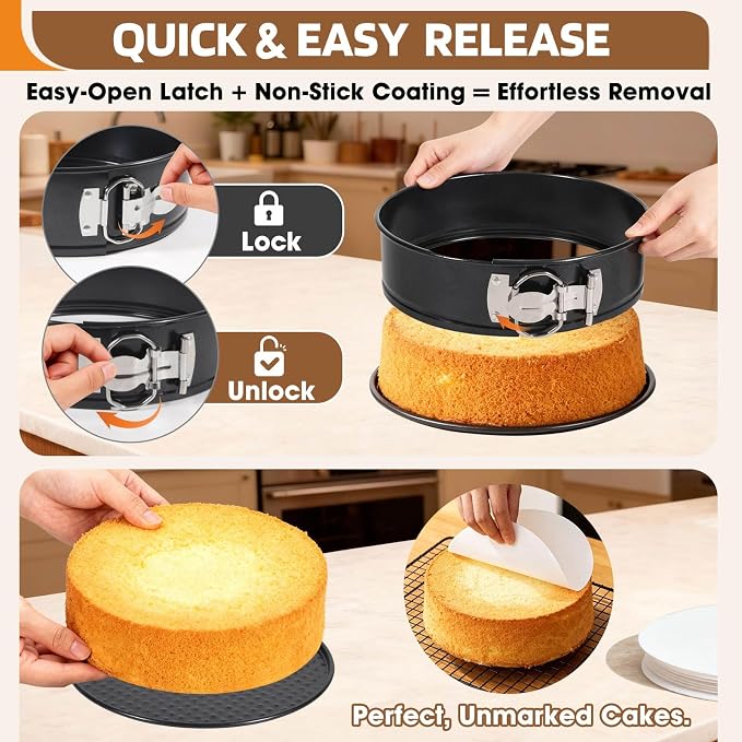 MASSUGAR 4 7 9 Inch Springform Pan Cheesecake Pan with Silicone Protector, 50 Pcs Parchment Paper Liners, 3 Cake Scrapers, Leakproof Round Cake Pan for Baking in Water Bath Nonstick Spring Form Pan