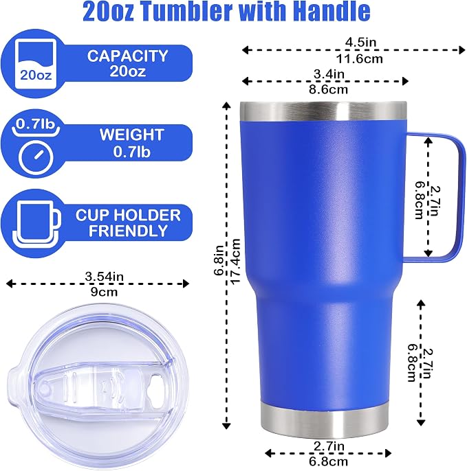 20 oz Tumbler with Handle Coffee Tumblers with Lid Travel Mug Dark Blue 12P | 20oz Tumblers with Handle Double-Wall Insulated Vacuum Coffee Mugs Stainless Steel Tumbler with Handles&Lid Dark Blue 12P