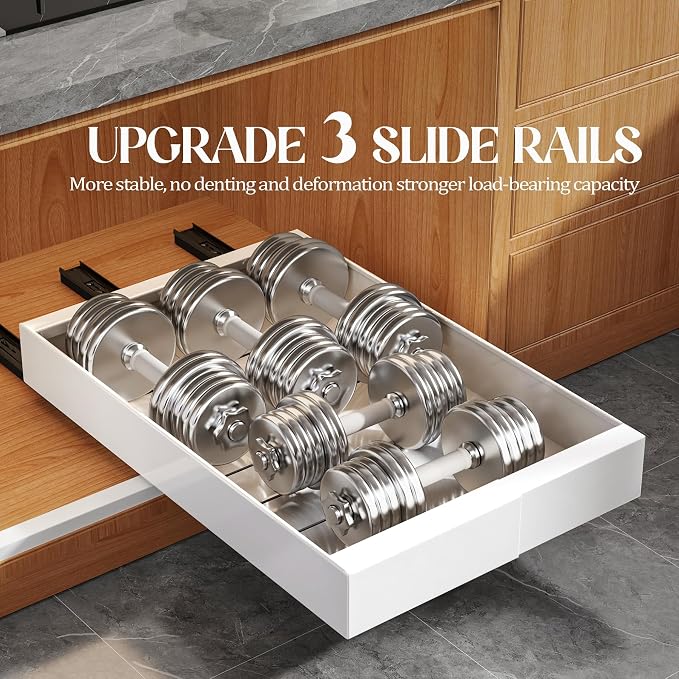 Seinloes 4 Pack Expandable Pull Out Cabinet Organizer 21" Deep With Raising Pad for Framed Cabinets,Upgrade 3 Slide Rails Slide Out Drawers,No Drill Roll Out Shelves,Adjustable Width 9"-14" White