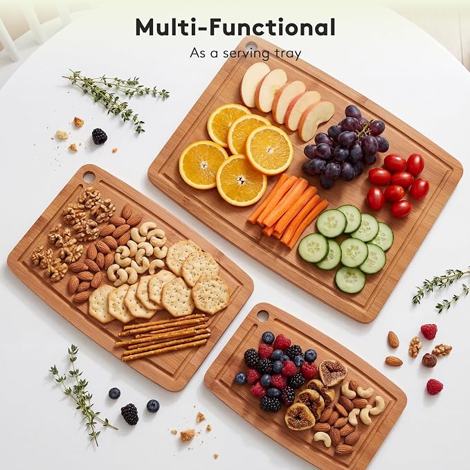 Bamboo Cutting Boards for Kitchen,Carbonized Wood Cutting Board with Deep Juice Groove for Chopping Meat, Vegetables, Fruits, Nuts,Lightweight & Durable,Ideal Kitchen Gy
