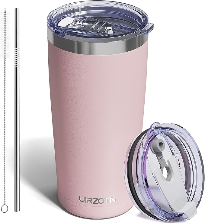 20oz Travel Coffee Tumbler with 2 Lids and Straw, Stainless Steel | Double Wall Vacuum Insulated Tumbler, Coffee Mug for Hot & Cold Drinks, Fits Most Car Cup Holders, Pink