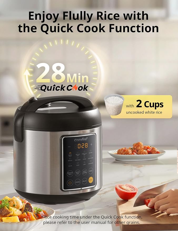 COMFEE' 14-in-1 Rice Cooker, Stainless Steel, 10-Cups Uncooked Rice