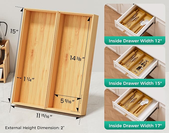 Bamboo Kitchen Drawer Organizer Set of 2, 15" x 6" Stackable Wood Tray | Silverware Utensil Tray for Drawers Bins, Cutlery & Flatware Storage, Wooden Boxes Organizers for Junk Drawer, Bathroom, RV