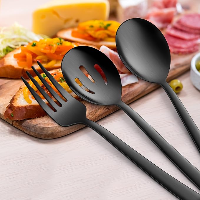 E-far Matte Black Serving Utensils Set of 6, Stainless Steel Serveware Set | 8.7 Inch, Hostess Serving Set Including Metal Slotted Spoons Forks for Party Buffet Catering, Square Edge & Rust Free