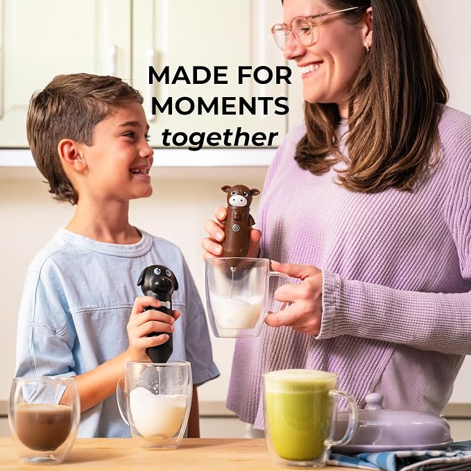 Zulay Kitchen Cow Milk Frother Wand – Cutesy Frother, Meet Your New Frothing Buddy Chocolate The Cow, Adoption Papers and Stickers Included, Purrr-fect for Lattes, Cappuccino & Matcha – Brown