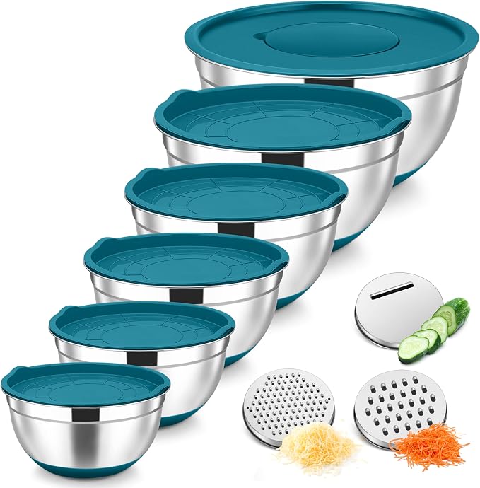 TeamFar Mixing Bowls, Stainless Steel Salad Bowl with Lid & Graters -Blue | 6 PCS for Kitchen Baking Serving Prepping, Container for Dough Veggie Fruit, Non-Slip & Nesting, 4.6 /3.5 /2 /1.5 /1 /0.7 QT