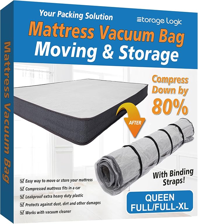 Foam Mattress Vacuum Bag with 4 Adjustable Packing Straps for Moving, Storage, Shipping, Vacuum Seal Mattress Bag with Packaging Straps (Queen/Full/Full-XL)