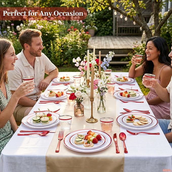 DaYammi 350PCS White and Red Plastic Dinnerware Set for 50 Guests, Fancy Disposable Plates for Party, Include: 50 Dinner Plates, 50 Dessert Plates, 50 Pre Rolled Napkins with Red Silverware, 50 Cups